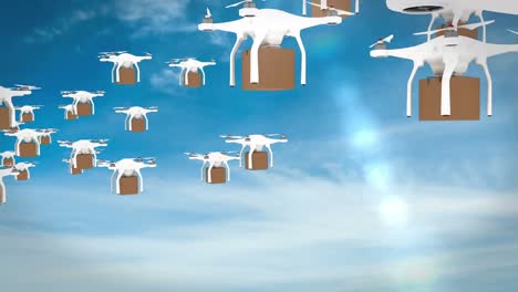 Digital-image-of-drones-holding-cardboard-boxes-and-flying