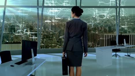Geschäftsfrau-Im-Büro-Mit-Futuristischem-Stadthintergrund