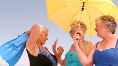 Frau-Mit-älteren-Freunden-Hält-Regenschirm-In-Der-Hand
