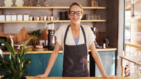 Portrait-of-smiling-waitress-leaning-on-counter