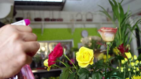 Florist-spraying-water-on-flowers-in-flower-shop