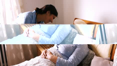 Nurse-interacting-with-senior-woman-on-bed