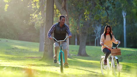 Happy-couple-cycling-in-park