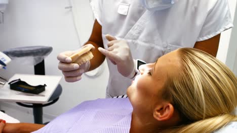 Dentist-showing-model-teeth-to-female-patient
