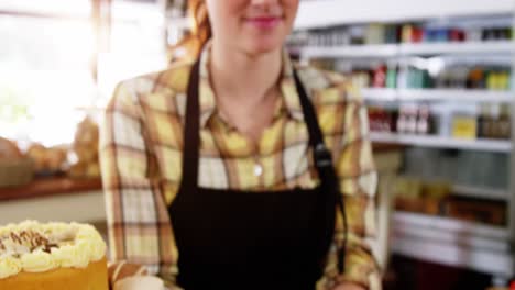 Portrait-of-waitress-standing-at-counter-with-desserts
