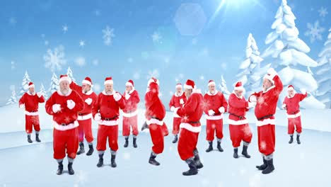 Group-of-santa-claus-dancing-on-a-snowy-landscape