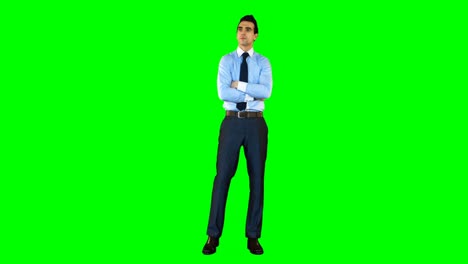 Businessman-standing-with-arms-crossed-against-green-background