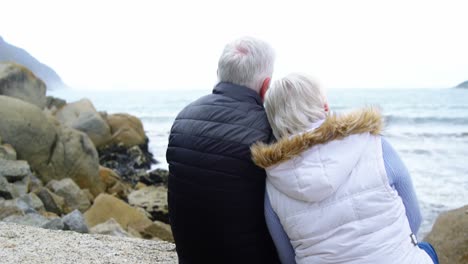 Rear-view-of-senior-couple-looking-at-sea
