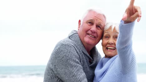 Happy-senior-couple-pointing-at-view