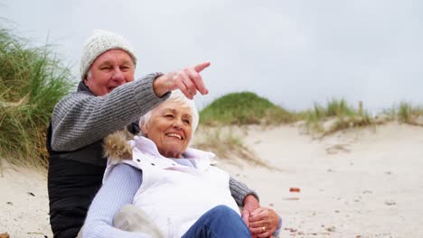 Happy-senior-couple-pointing-at-view