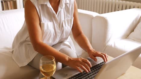 Mujer-Mayor-Usando-Una-Computadora-Portátil-Mientras-Toma-Vino-En-La-Sala-De-Estar
