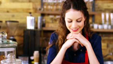 Portrait-of-smiling-waitress-leaning-at-counter