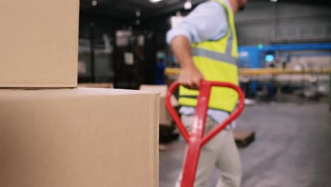 Worker-pushing-trolley-of-cardboard-boxes