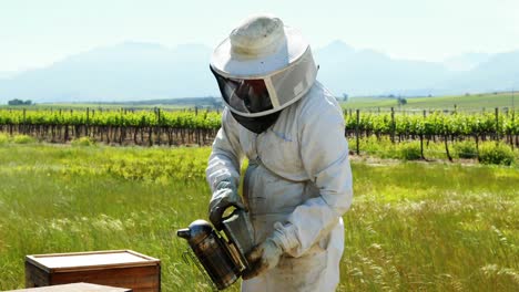 Beekeepers-smoking-the-bees-away-from-hive