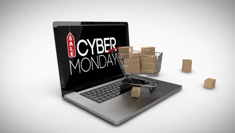 Trolley-Mit-Kartons-Auf-Laptop-Mit-Cyber-Monday-Verkaufsschild