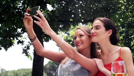 Friends-taking-selfie-with-mobile-phone-during-lunch