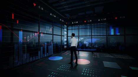 Rearview-of-businessman-looking-at-digital-animation-of-glowing-graph-interface