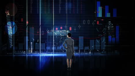 Rearview-of-businesswoman-looking-at-digital-animation-of-glowing-graph-interface