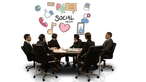 Geschäftsleute-Schauen-Auf-Einen-Futuristischen-Bildschirm-Mit-Social-Media-Symbolen