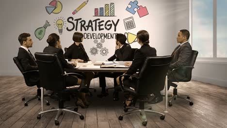 Geschäftsleute-Schauen-Auf-Einen-Digitalen-Bildschirm,-Der-Die-Strategieentwicklung-Zeigt