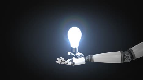 Robotic-hand-presenting-illuminated-bulb-against-black-background