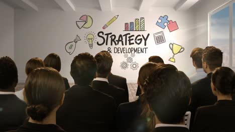 Geschäftsleute-Schauen-Auf-Einen-Digitalen-Bildschirm,-Der-Die-Strategieentwicklung-Zeigt