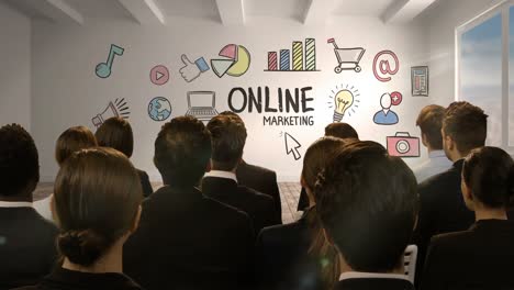 Geschäftsleute-Schauen-Auf-Einen-Digitalen-Bildschirm,-Der-Online-Marketing-Zeigt