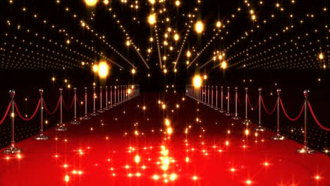 Golden-confetti-falling-on-red-carpet--against-black-background