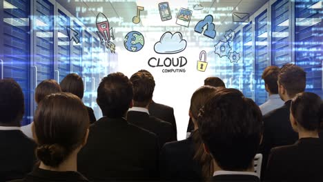 Geschäftsleute-Schauen-Auf-Einen-Digitalen-Bildschirm,-Der-Cloud-Computing-Zeigt