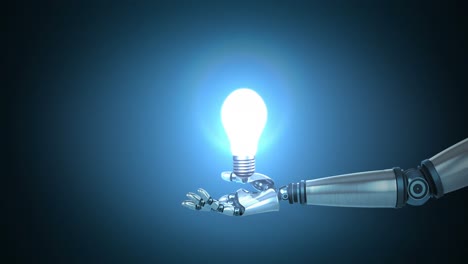 Robotic-hand-presenting-illuminated-bulb-against-blue-background
