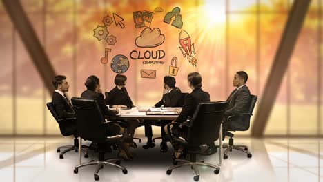 Businesspeople-looking-at-futuristic-screen-showing-cloud-computing-symbol