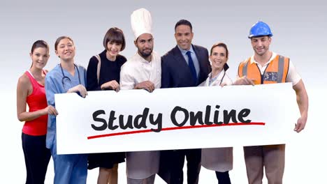 Various-professional-holding-placard-of-study-online-text