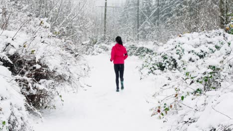 Woman-jogging-on-snow-covered-path-during-snowfall