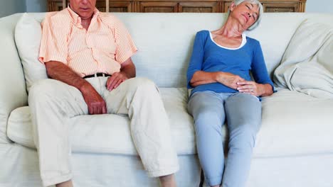 Senior-couple-sleeping-on-sofa-in-living-room