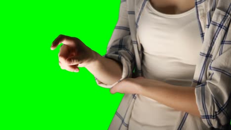 Mid-section-of-woman-using-invisible-screen