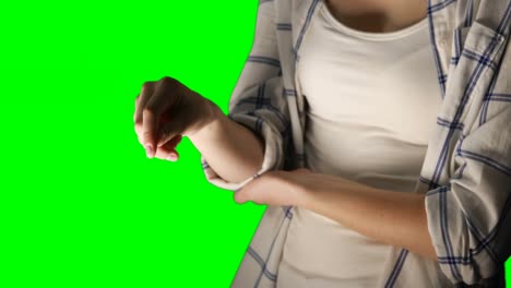 Mid-section-of-woman-using-invisible-screen