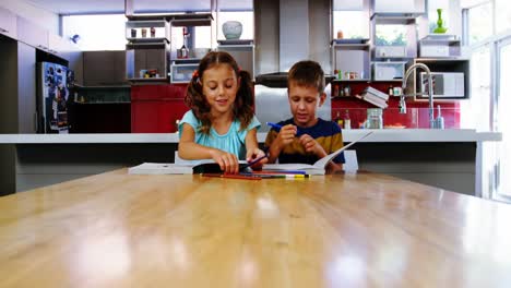 Siblings-doing-their-homework-in-kitchen