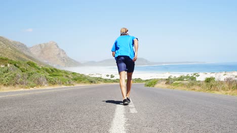 Rear-view-of-triathlete-man-jogging-in-the-countryside-road