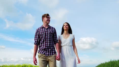 Romantic-couple-holding-hands-while-walking-in-field