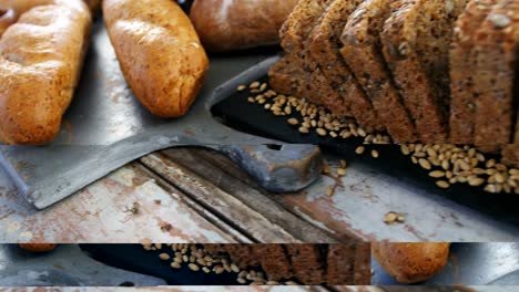 Bread-slices-with-wheat-grains-on-wooden-table