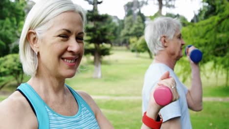 Senior-couple-excercising-with-dumbbells-in-the-park