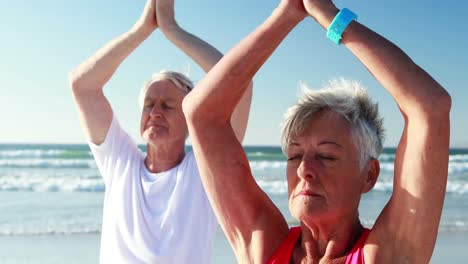 Senior-couple-doing-yoga-at-beach