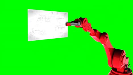Digitally-generated-video-of-red-robotic-arm-holding-card-with-mathematical-formula