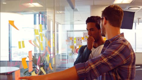 Business-colleagues-discussing-over-sticky-notes-