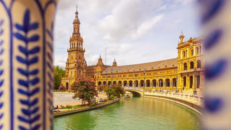 A-Time-Lapse-Shot-Of-A-Busy-Plaza-With-People-Walking-And-Sailing-In-The-Canal-In-Spain