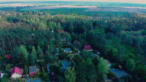 Kleines-Dorf-In-Den-Ausläufern-Polens,-Umgeben-Von-Hohen-Laub--Und-Nadelbäumen