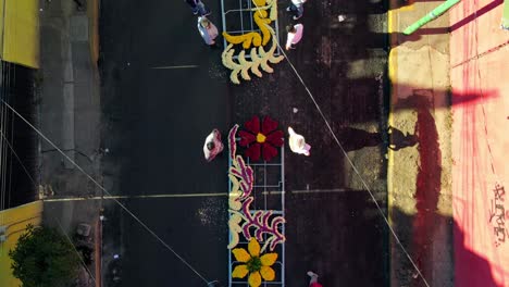 Top-view-of-floral-arrangements-in-separate-pieces-to-be-carried-by-couples-in-a-procession-for-the-Day-of-the-Dead,-Iztapalapa,-Mexico-City