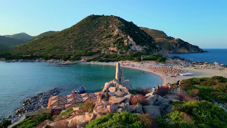 Flying-over-the-coastline-of-Punta-Molentis-Beach,-Villasimius,-South-Sardinia