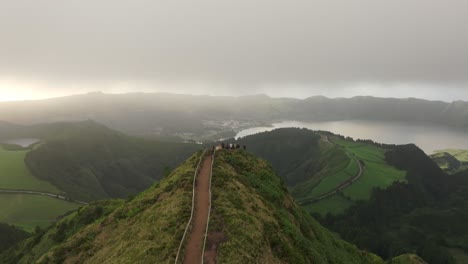 Miradouro-da-Grota-do-Inferno-viewpoint-Sao-miguel-during-sunset,-aerial