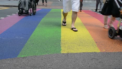 Rainbow-street-pedestrian-crossing-at-intersection-in-London-for-gay-pride,-pride-month,-low-angle-shot,-static-camera,-day-,real-time